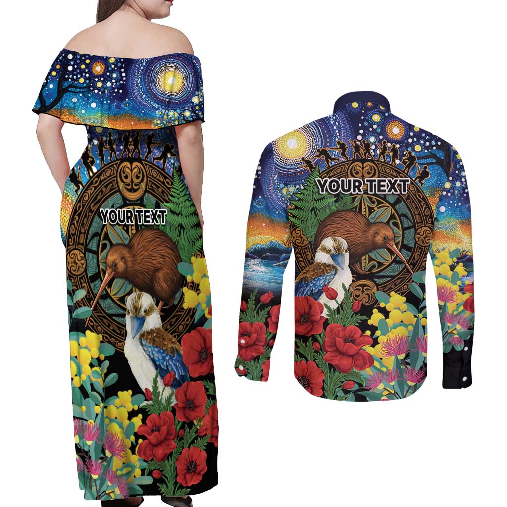 Kiwi-Kookaburra Bird ANZAC Personalised Couples Matching Off Shoulder Maxi Dress and Long Sleeve Button Shirt Aussie Golden Wattle Poppy Flowers LT9 - Polynesian Pride