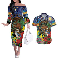 Kiwi-Kookaburra Bird ANZAC Personalised Couples Matching Off The Shoulder Long Sleeve Dress and Hawaiian Shirt Aussie Golden Wattle Poppy Flowers LT9 Blue - Polynesian Pride