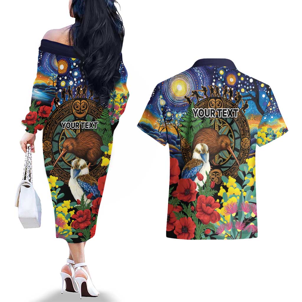 Kiwi-Kookaburra Bird ANZAC Personalised Couples Matching Off The Shoulder Long Sleeve Dress and Hawaiian Shirt Aussie Golden Wattle Poppy Flowers LT9 - Polynesian Pride