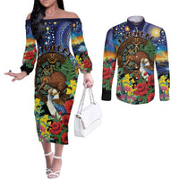 Kiwi-Kookaburra Bird ANZAC Personalised Couples Matching Off The Shoulder Long Sleeve Dress and Long Sleeve Button Shirt Aussie Golden Wattle Poppy Flowers LT9 Blue - Polynesian Pride
