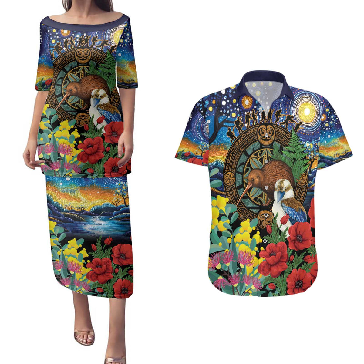 Kiwi-Kookaburra Bird ANZAC Personalised Couples Matching Puletasi and Hawaiian Shirt Aussie Golden Wattle Poppy Flowers LT9 Blue - Polynesian Pride