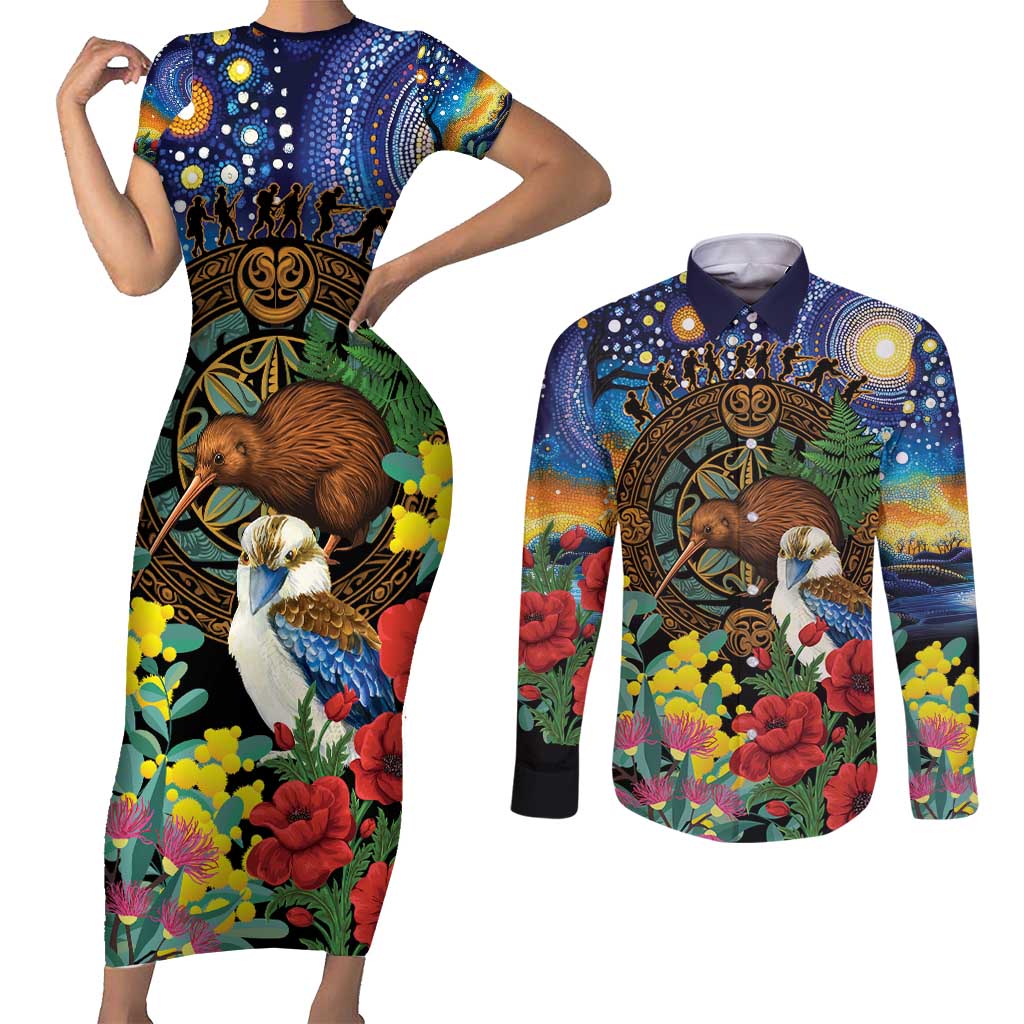 Kiwi-Kookaburra Bird ANZAC Personalised Couples Matching Short Sleeve Bodycon Dress and Long Sleeve Button Shirt Aussie Golden Wattle Poppy Flowers LT9 Blue - Polynesian Pride
