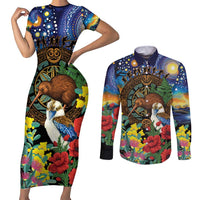 Kiwi-Kookaburra Bird ANZAC Personalised Couples Matching Short Sleeve Bodycon Dress and Long Sleeve Button Shirt Aussie Golden Wattle Poppy Flowers LT9 Blue - Polynesian Pride