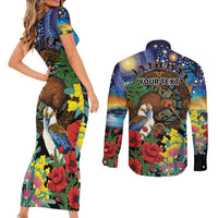 Kiwi-Kookaburra Bird ANZAC Personalised Couples Matching Short Sleeve Bodycon Dress and Long Sleeve Button Shirt Aussie Golden Wattle Poppy Flowers LT9 - Polynesian Pride