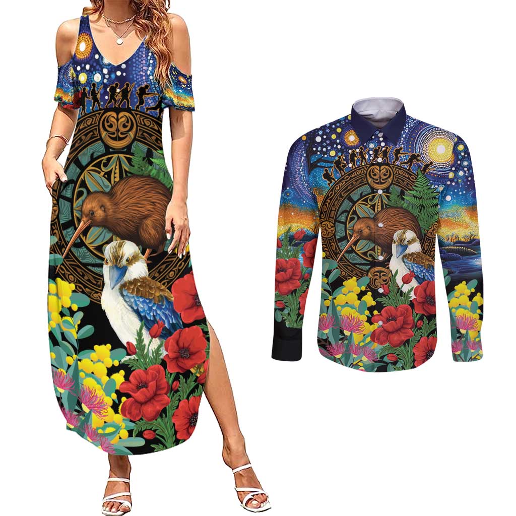 Kiwi-Kookaburra Bird ANZAC Personalised Couples Matching Summer Maxi Dress and Long Sleeve Button Shirt Aussie Golden Wattle Poppy Flowers LT9 Blue - Polynesian Pride