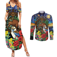 Kiwi-Kookaburra Bird ANZAC Personalised Couples Matching Summer Maxi Dress and Long Sleeve Button Shirt Aussie Golden Wattle Poppy Flowers LT9 Blue - Polynesian Pride