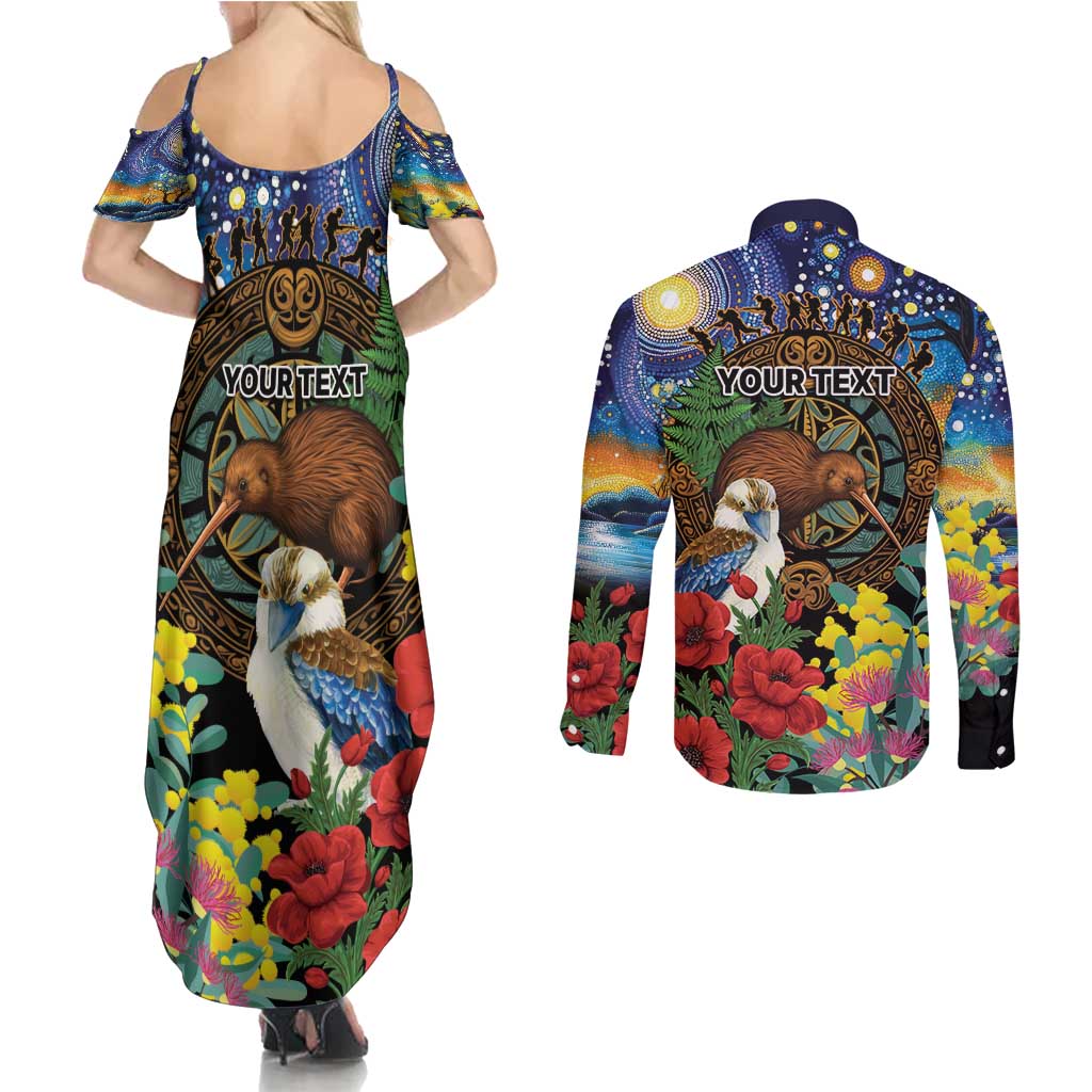 Kiwi-Kookaburra Bird ANZAC Personalised Couples Matching Summer Maxi Dress and Long Sleeve Button Shirt Aussie Golden Wattle Poppy Flowers LT9 - Polynesian Pride
