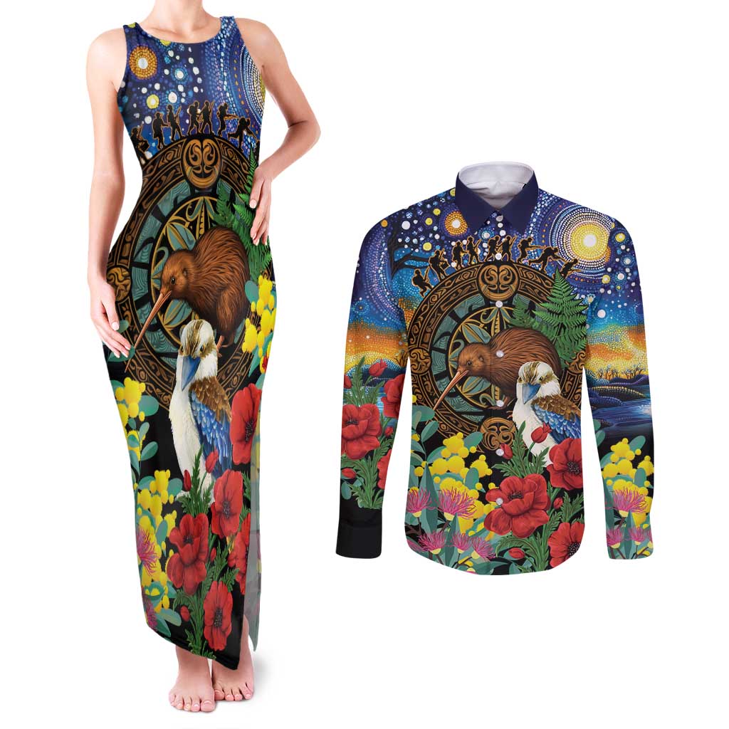 Kiwi-Kookaburra Bird ANZAC Personalised Couples Matching Tank Maxi Dress and Long Sleeve Button Shirt Aussie Golden Wattle Poppy Flowers