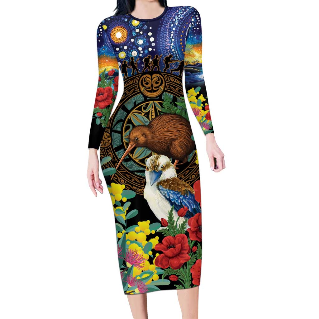 Kiwi-Kookaburra Bird ANZAC Personalised Family Matching Long Sleeve Bodycon Dress and Hawaiian Shirt Aussie Golden Wattle Poppy Flowers LT9 Mom's Dress Blue - Polynesian Pride
