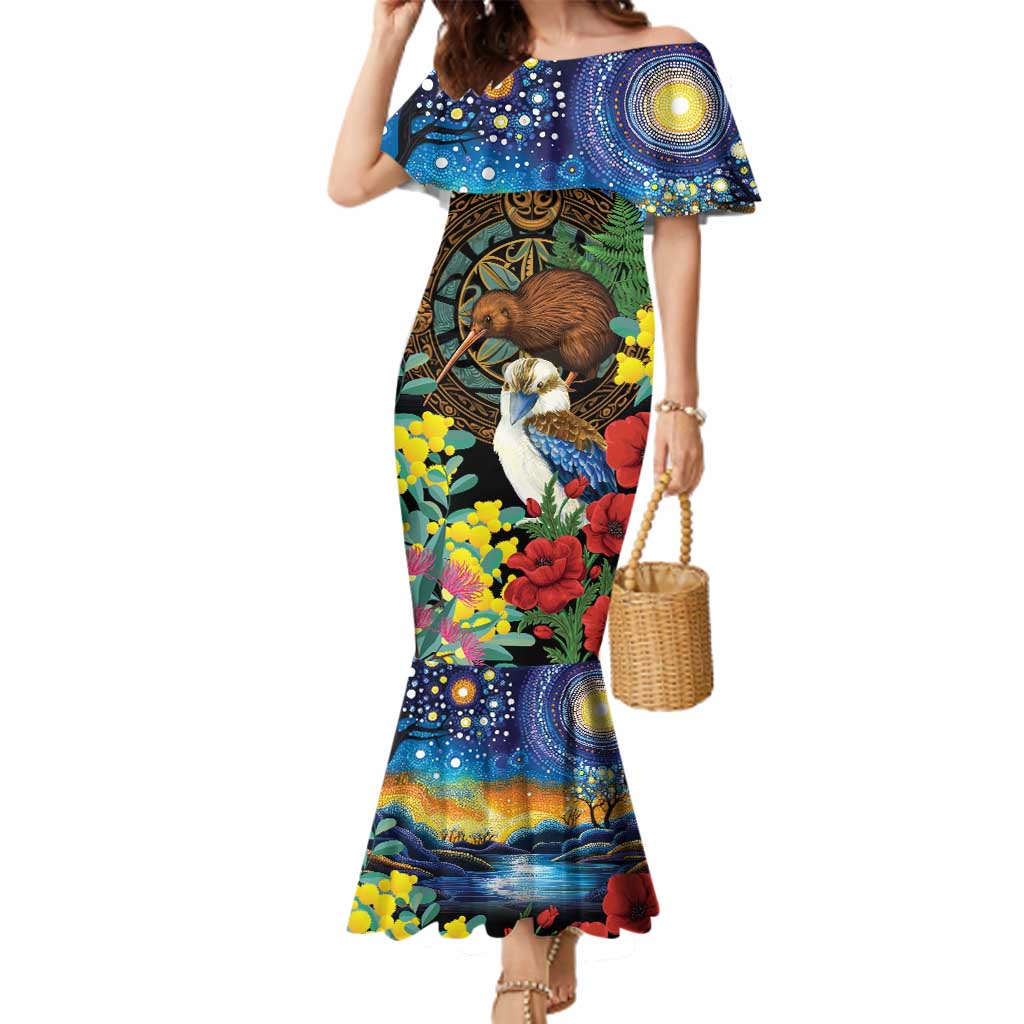 Kiwi-Kookaburra Bird ANZAC Personalised Family Matching Mermaid Dress and Hawaiian Shirt Aussie Golden Wattle Poppy Flowers LT9 Mom's Dress Blue - Polynesian Pride