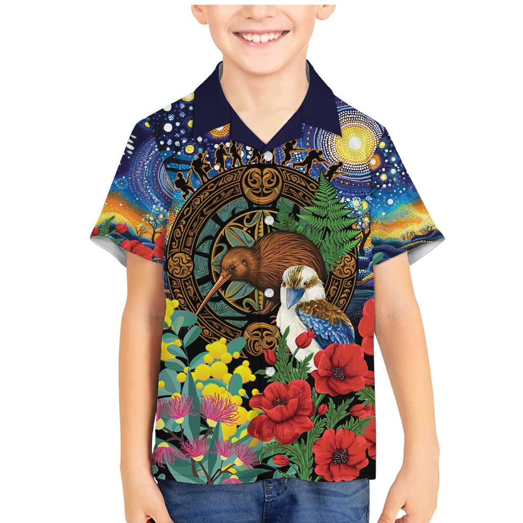 Kiwi-Kookaburra Bird ANZAC Personalised Family Matching Mermaid Dress and Hawaiian Shirt Aussie Golden Wattle Poppy Flowers LT9 Son's Shirt Blue - Polynesian Pride
