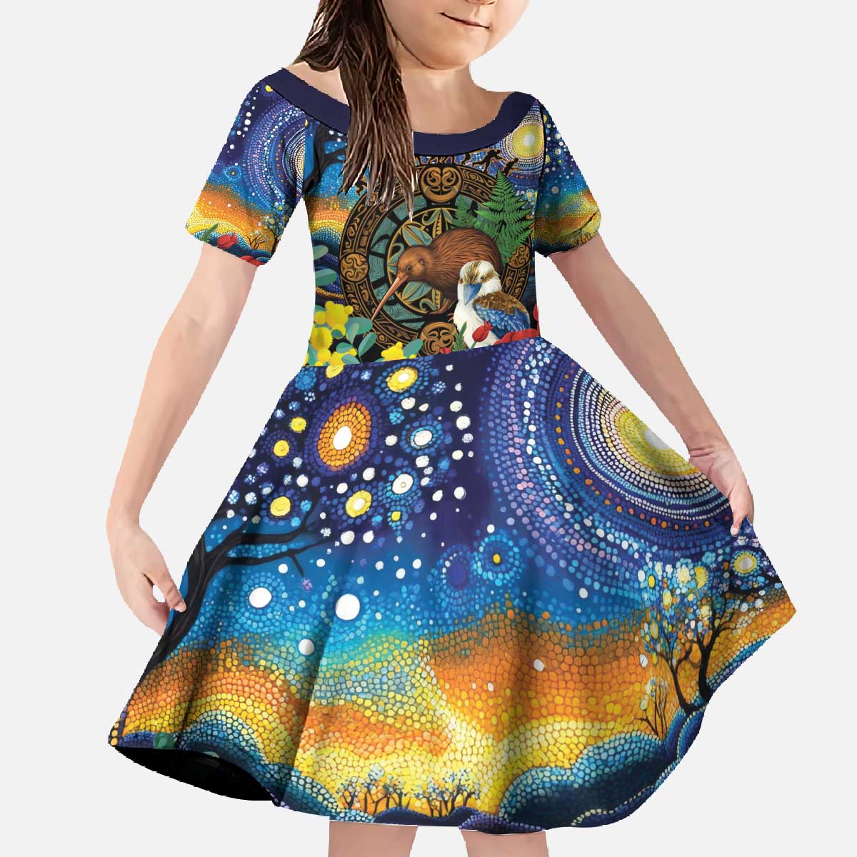 Kiwi-Kookaburra Bird ANZAC Personalised Family Matching Off The Shoulder Long Sleeve Dress and Hawaiian Shirt Aussie Golden Wattle Poppy Flowers LT9 Daughter's Dress Blue - Polynesian Pride
