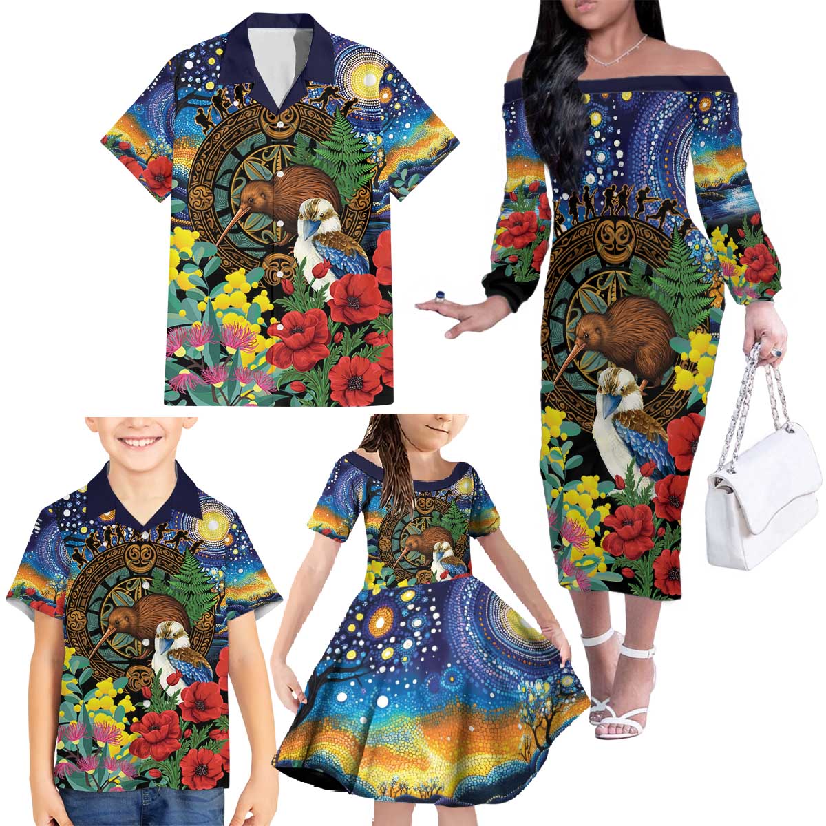 Kiwi-Kookaburra Bird ANZAC Personalised Family Matching Off The Shoulder Long Sleeve Dress and Hawaiian Shirt Aussie Golden Wattle Poppy Flowers LT9 - Polynesian Pride