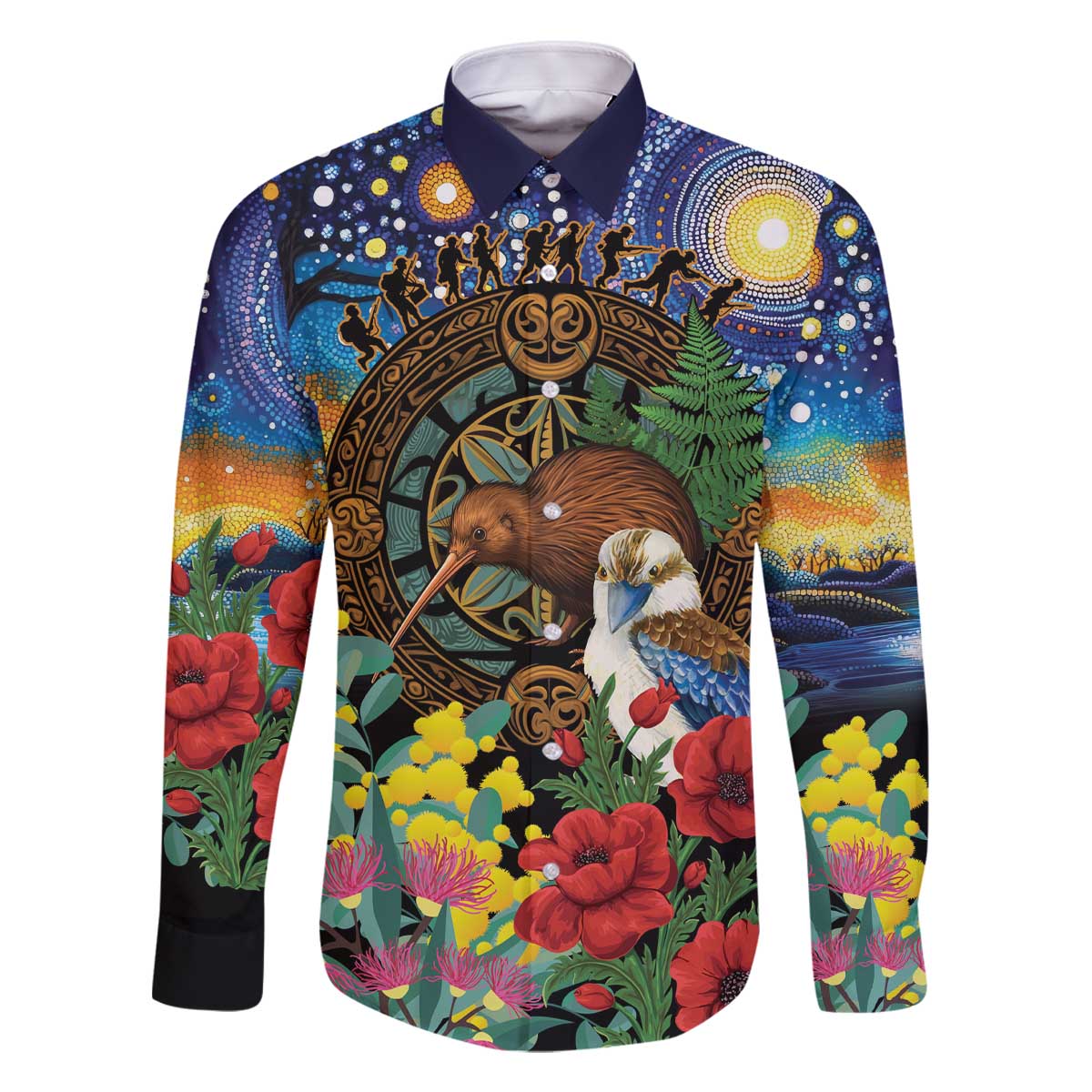 Kiwi-Kookaburra Bird ANZAC Personalised Family Matching Off The Shoulder Long Sleeve Dress and Hawaiian Shirt Aussie Golden Wattle Poppy Flowers LT9 Dad's Shirt - Long Sleeve Blue - Polynesian Pride