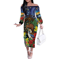 Kiwi-Kookaburra Bird ANZAC Personalised Family Matching Off The Shoulder Long Sleeve Dress and Hawaiian Shirt Aussie Golden Wattle Poppy Flowers LT9 Mom's Dress Blue - Polynesian Pride