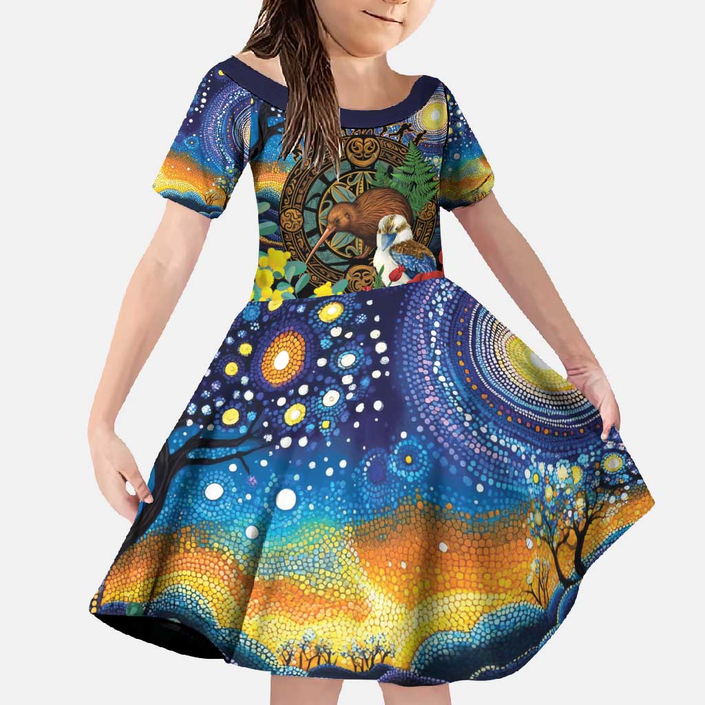 Kiwi-Kookaburra Bird ANZAC Personalised Family Matching Off Shoulder Maxi Dress and Hawaiian Shirt Aussie Golden Wattle Poppy Flowers LT9 Daughter's Dress Blue - Polynesian Pride