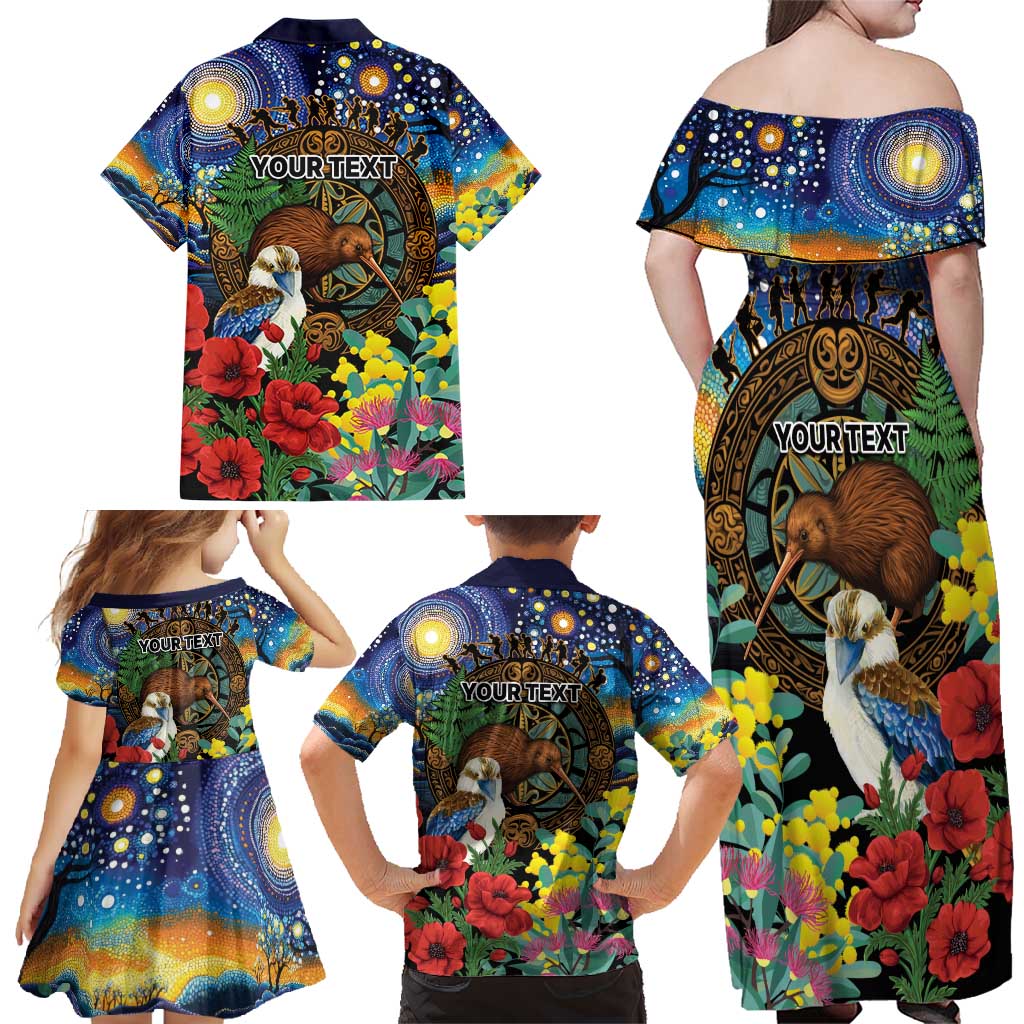 Kiwi-Kookaburra Bird ANZAC Personalised Family Matching Off Shoulder Maxi Dress and Hawaiian Shirt Aussie Golden Wattle Poppy Flowers LT9 - Polynesian Pride