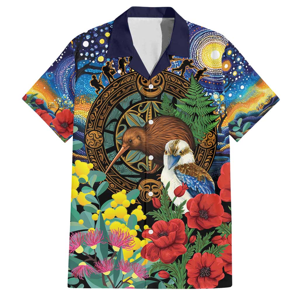 Kiwi-Kookaburra Bird ANZAC Personalised Family Matching Off Shoulder Maxi Dress and Hawaiian Shirt Aussie Golden Wattle Poppy Flowers LT9 Dad's Shirt - Short Sleeve Blue - Polynesian Pride