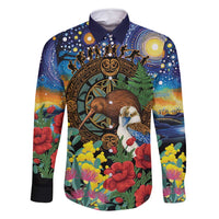 Kiwi-Kookaburra Bird ANZAC Personalised Family Matching Off Shoulder Maxi Dress and Hawaiian Shirt Aussie Golden Wattle Poppy Flowers LT9 Dad's Shirt - Long Sleeve Blue - Polynesian Pride