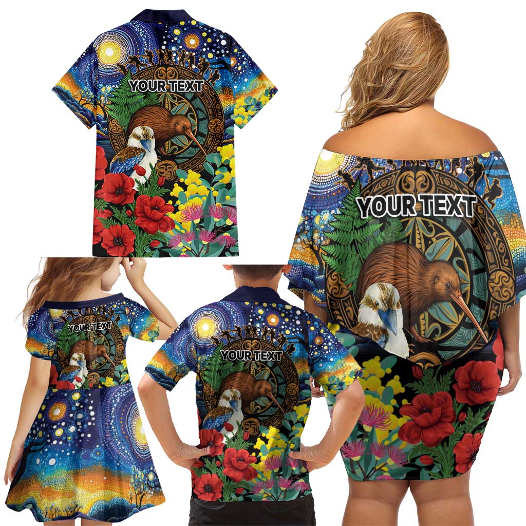 Kiwi-Kookaburra Bird ANZAC Personalised Family Matching Off Shoulder Short Dress and Hawaiian Shirt Aussie Golden Wattle Poppy Flowers LT9 - Polynesian Pride