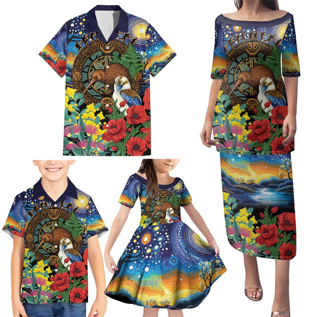 Kiwi-Kookaburra Bird ANZAC Personalised Family Matching Puletasi and Hawaiian Shirt Aussie Golden Wattle Poppy Flowers LT9 - Polynesian Pride