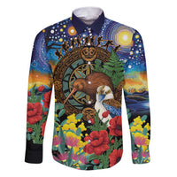 Kiwi-Kookaburra Bird ANZAC Personalised Family Matching Puletasi and Hawaiian Shirt Aussie Golden Wattle Poppy Flowers LT9 Dad's Shirt - Long Sleeve Blue - Polynesian Pride