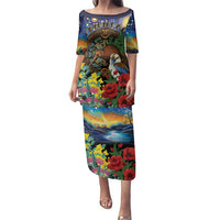 Kiwi-Kookaburra Bird ANZAC Personalised Family Matching Puletasi and Hawaiian Shirt Aussie Golden Wattle Poppy Flowers LT9 Mom's Dress Blue - Polynesian Pride