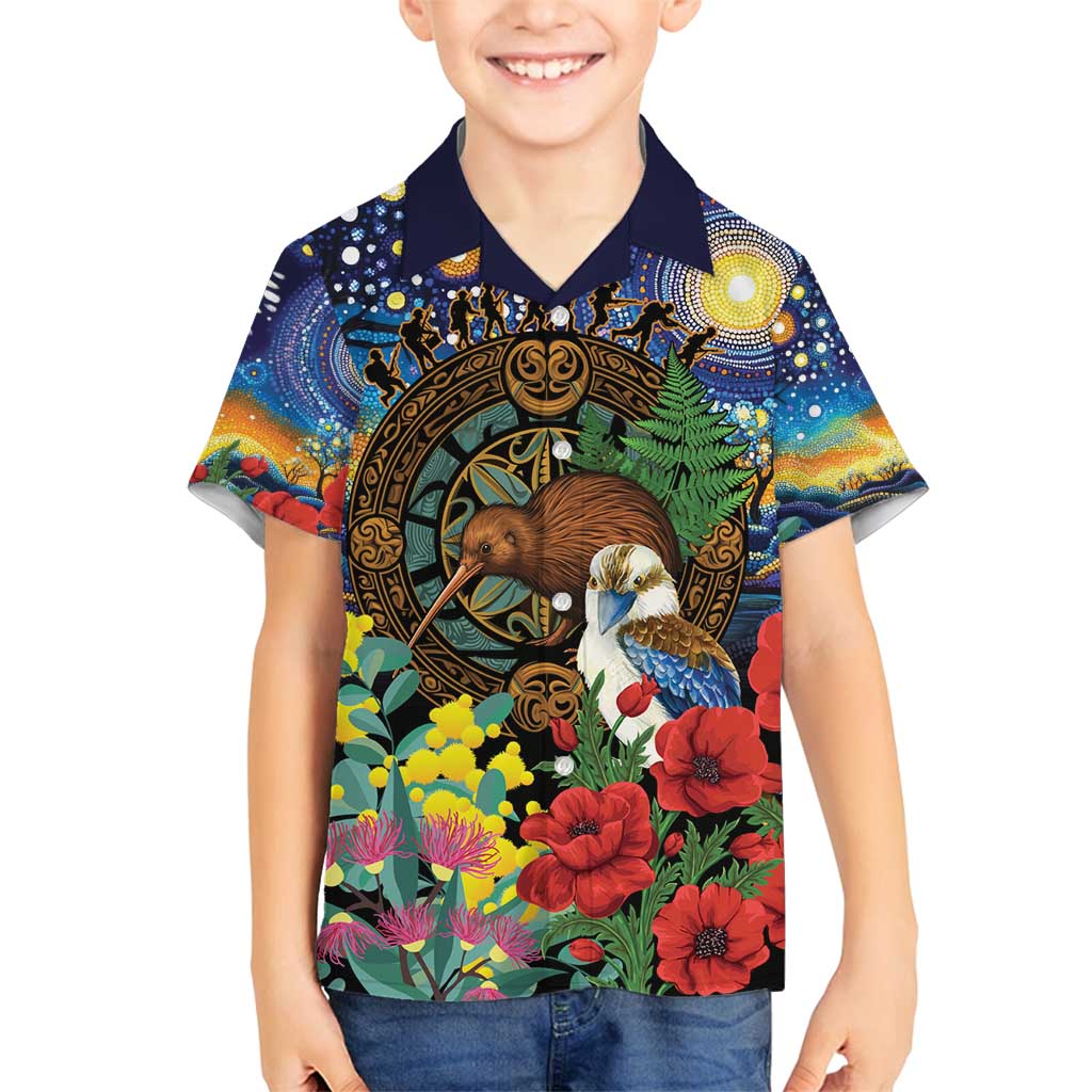 Kiwi-Kookaburra Bird ANZAC Personalised Family Matching Summer Maxi Dress and Hawaiian Shirt Aussie Golden Wattle Poppy Flowers LT9 Son's Shirt Blue - Polynesian Pride