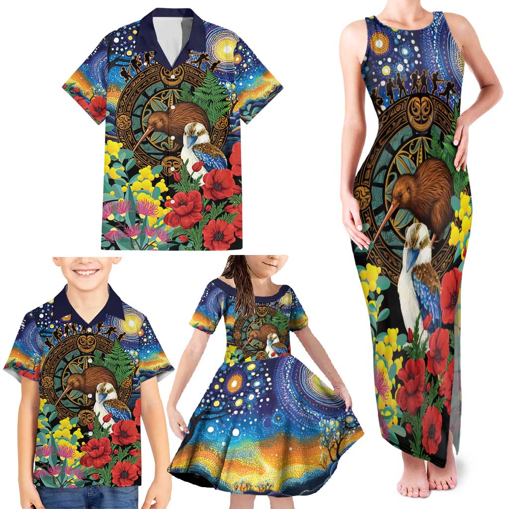 Kiwi-Kookaburra Bird ANZAC Personalised Family Matching Tank Maxi Dress and Hawaiian Shirt Aussie Golden Wattle Poppy Flowers LT9 - Polynesian Pride