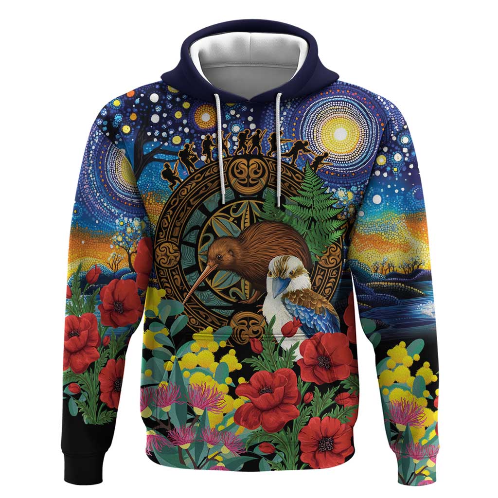 Kiwi-Kookaburra Bird ANZAC Personalised Hoodie Aussie Golden Wattle Poppy Flowers LT9 Pullover Hoodie Blue - Polynesian Pride