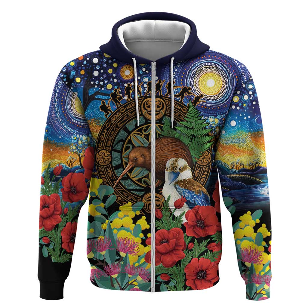 Kiwi-Kookaburra Bird ANZAC Personalised Hoodie Aussie Golden Wattle Poppy Flowers LT9 Zip Hoodie Blue - Polynesian Pride