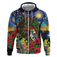 Kiwi-Kookaburra Bird ANZAC Personalised Hoodie Aussie Golden Wattle Poppy Flowers LT9 Zip Hoodie Blue - Polynesian Pride