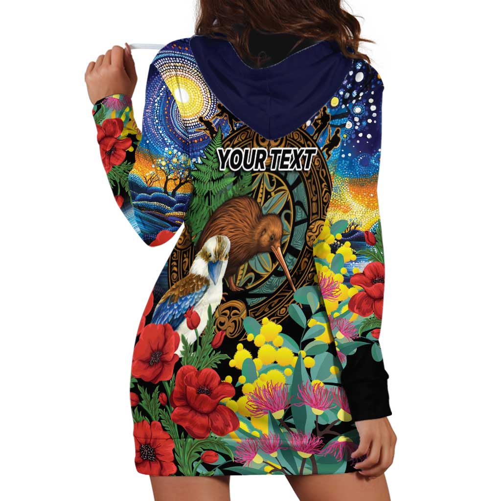 Kiwi-Kookaburra Bird ANZAC Personalised Hoodie Dress Aussie Golden Wattle Poppy Flowers LT9 - Polynesian Pride