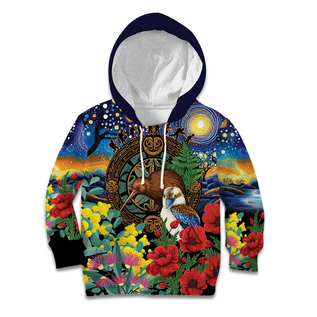 Kiwi-Kookaburra Bird ANZAC Personalised Kid Hoodie Aussie Golden Wattle Poppy Flowers LT9 Hoodie Blue - Polynesian Pride