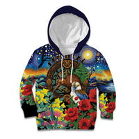 Kiwi-Kookaburra Bird ANZAC Personalised Kid Hoodie Aussie Golden Wattle Poppy Flowers LT9 Hoodie Blue - Polynesian Pride