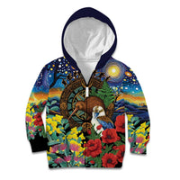 Kiwi-Kookaburra Bird ANZAC Personalised Kid Hoodie Aussie Golden Wattle Poppy Flowers LT9 Zip Hoodie Blue - Polynesian Pride