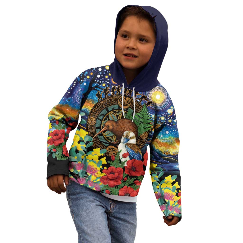 Kiwi-Kookaburra Bird ANZAC Personalised Kid Hoodie Aussie Golden Wattle Poppy Flowers LT9 - Polynesian Pride