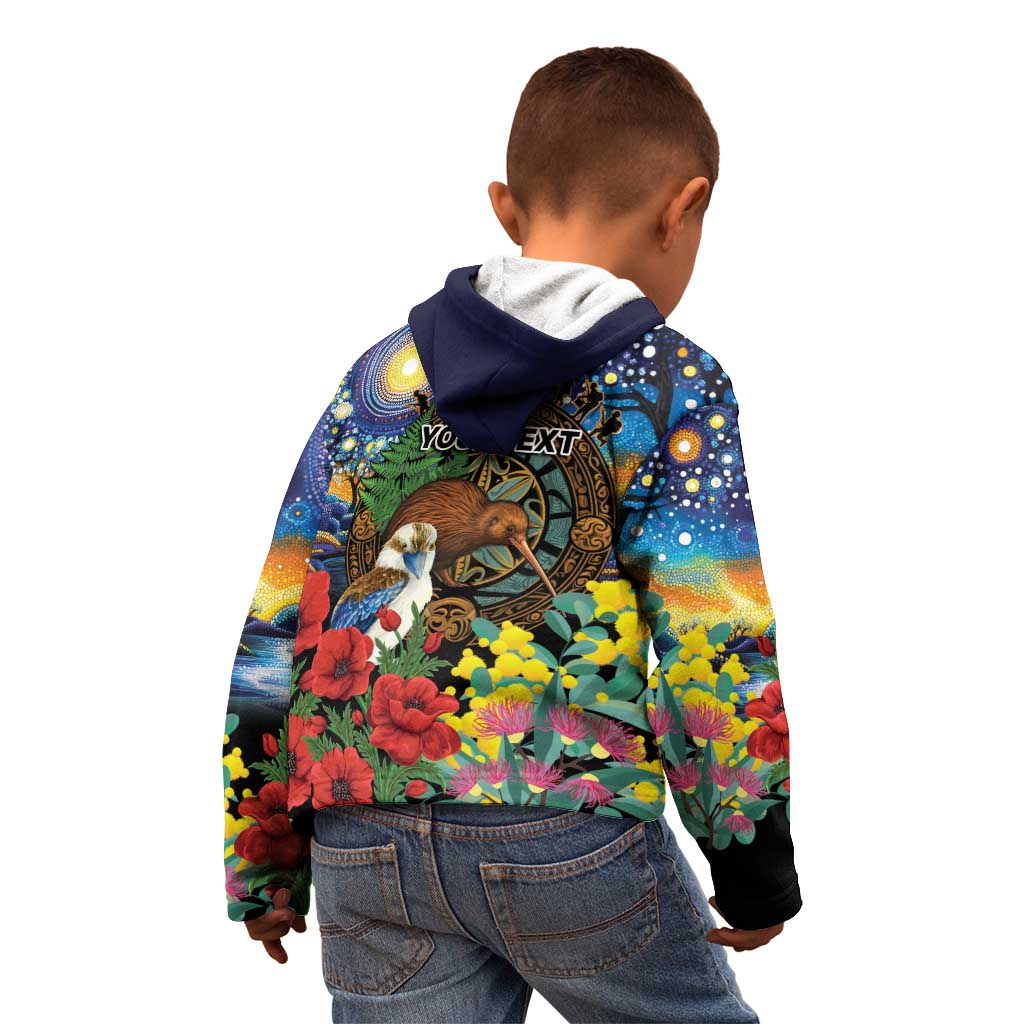 Kiwi-Kookaburra Bird ANZAC Personalised Kid Hoodie Aussie Golden Wattle Poppy Flowers LT9 - Polynesian Pride