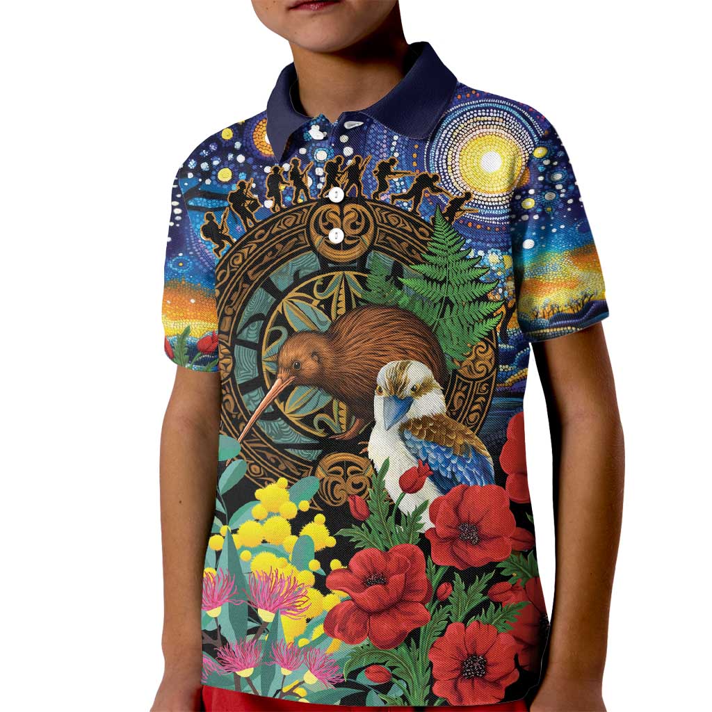 Kiwi-Kookaburra Bird ANZAC Personalised Kid Polo Shirt Aussie Golden Wattle Poppy Flowers LT9 Kid Blue - Polynesian Pride