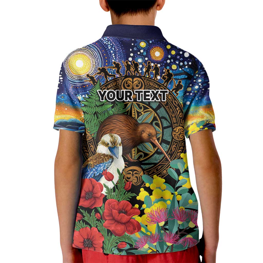 Kiwi-Kookaburra Bird ANZAC Personalised Kid Polo Shirt Aussie Golden Wattle Poppy Flowers LT9 - Polynesian Pride