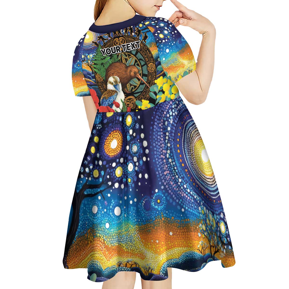 Kiwi-Kookaburra Bird ANZAC Personalised Kid Short Sleeve Dress Aussie Golden Wattle Poppy Flowers LT9 - Polynesian Pride