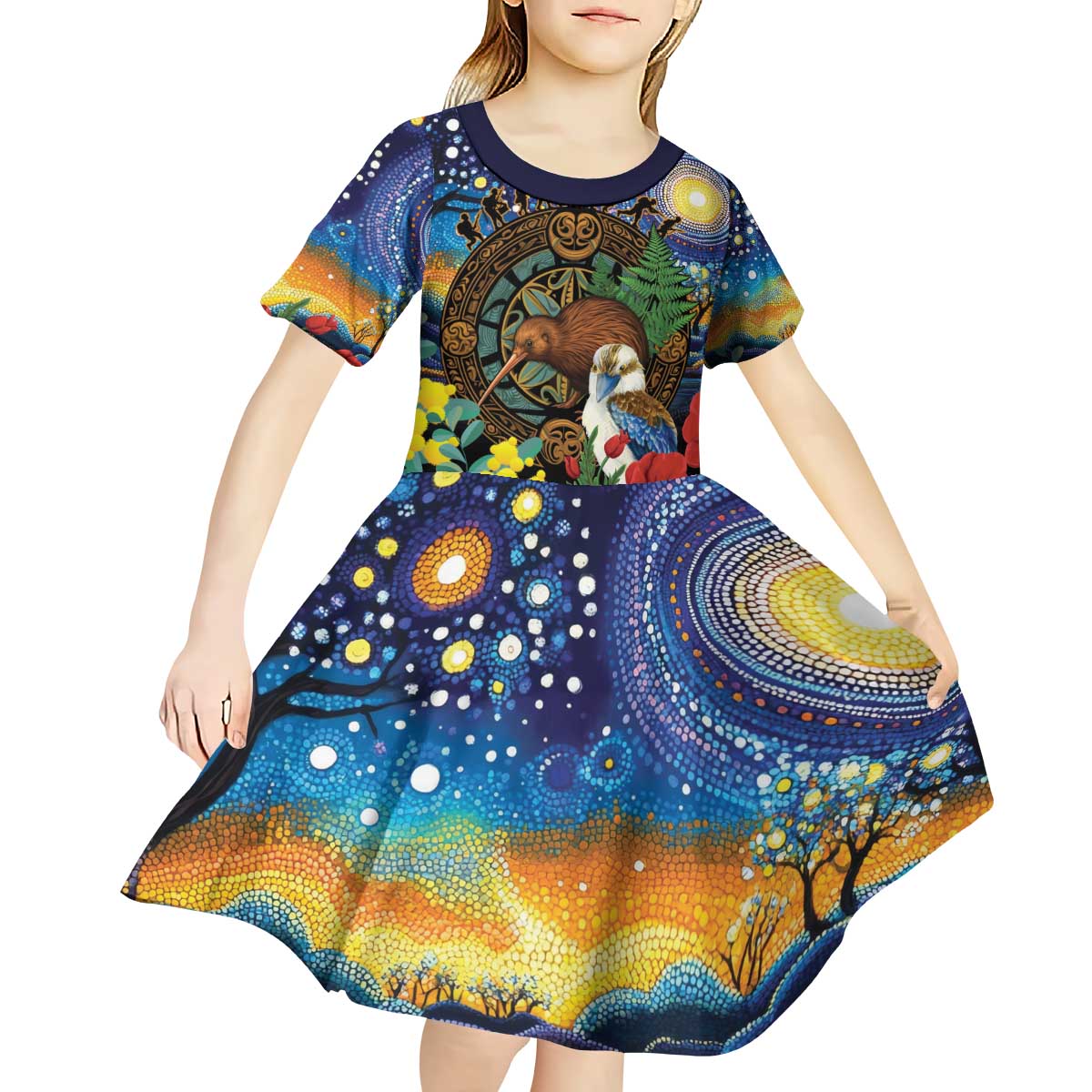 Kiwi-Kookaburra Bird ANZAC Personalised Kid Short Sleeve Dress Aussie Golden Wattle Poppy Flowers LT9 - Polynesian Pride