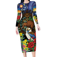 Kiwi-Kookaburra Bird ANZAC Personalised Long Sleeve Bodycon Dress Aussie Golden Wattle Poppy Flowers LT9 Long Dress Blue - Polynesian Pride