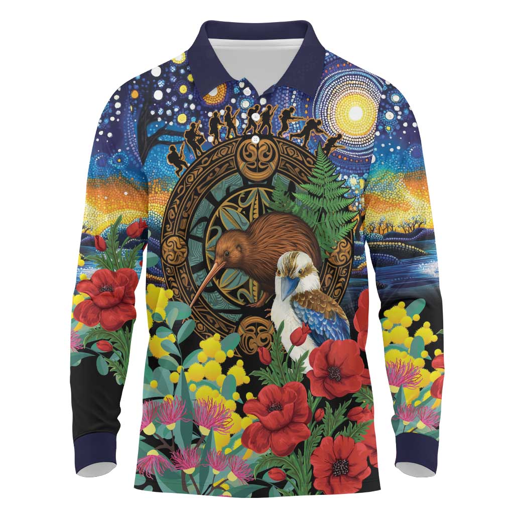 Kiwi-Kookaburra Bird ANZAC Personalised Long Sleeve Polo Shirt Aussie Golden Wattle Poppy Flowers LT9 Blue - Polynesian Pride