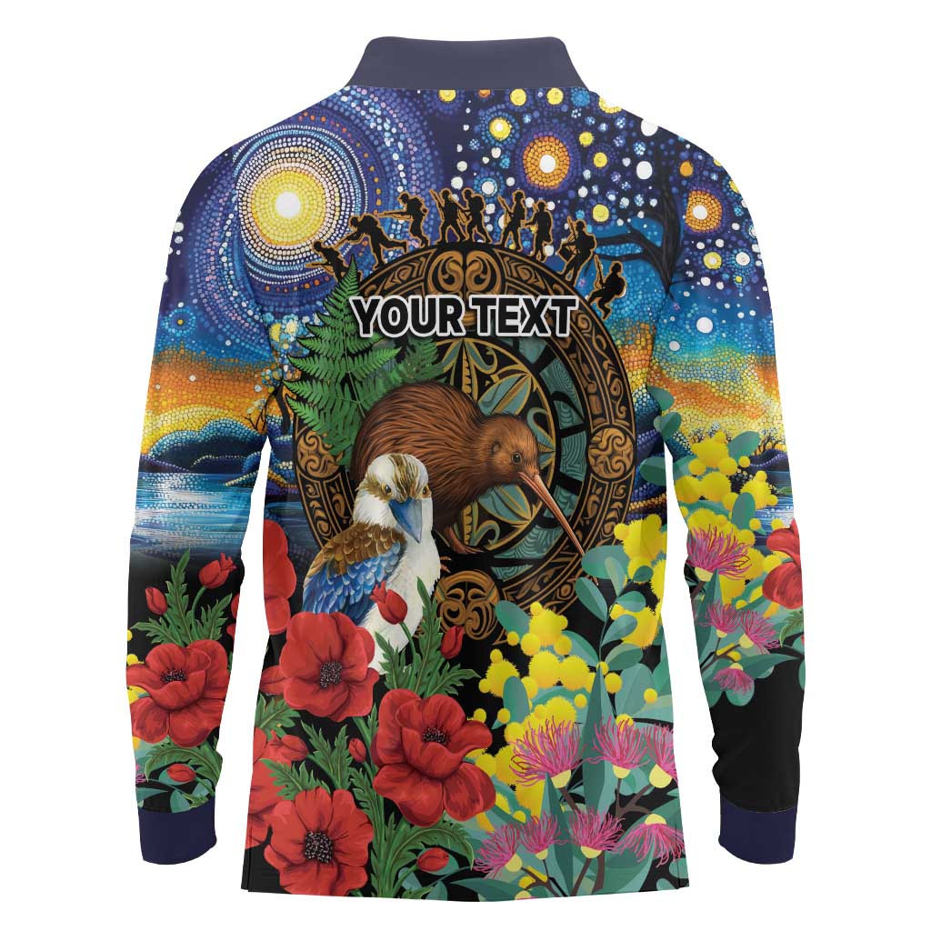 Kiwi-Kookaburra Bird ANZAC Personalised Long Sleeve Polo Shirt Aussie Golden Wattle Poppy Flowers LT9 - Polynesian Pride