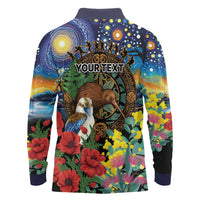 Kiwi-Kookaburra Bird ANZAC Personalised Long Sleeve Polo Shirt Aussie Golden Wattle Poppy Flowers LT9 - Polynesian Pride