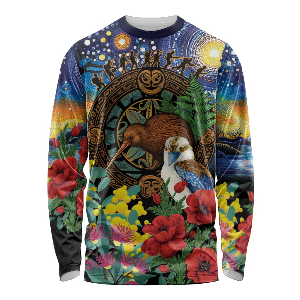 Kiwi-Kookaburra Bird ANZAC Personalised Long Sleeve Shirt Aussie Golden Wattle Poppy Flowers LT9 Unisex Blue - Polynesian Pride