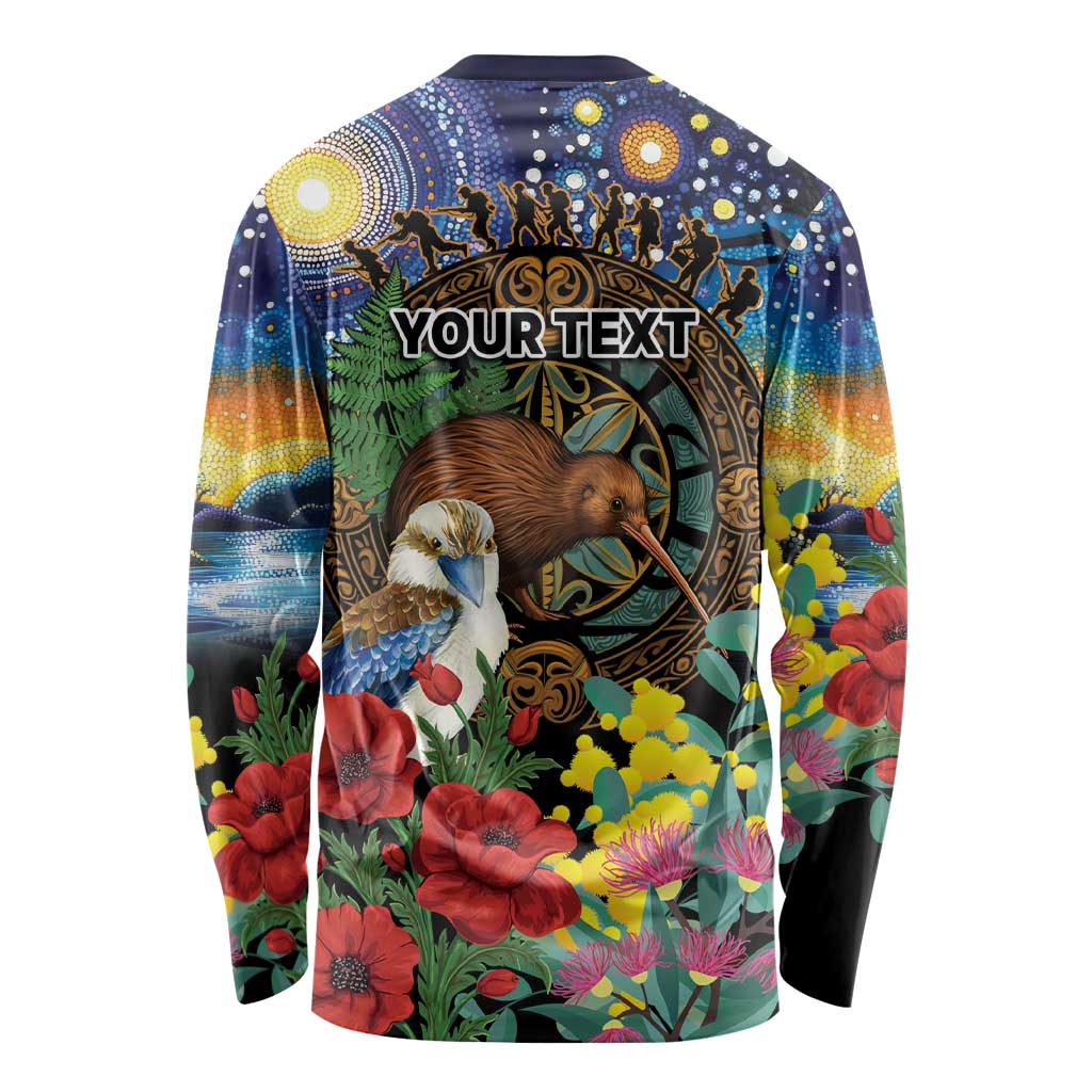 Kiwi-Kookaburra Bird ANZAC Personalised Long Sleeve Shirt Aussie Golden Wattle Poppy Flowers LT9 - Polynesian Pride