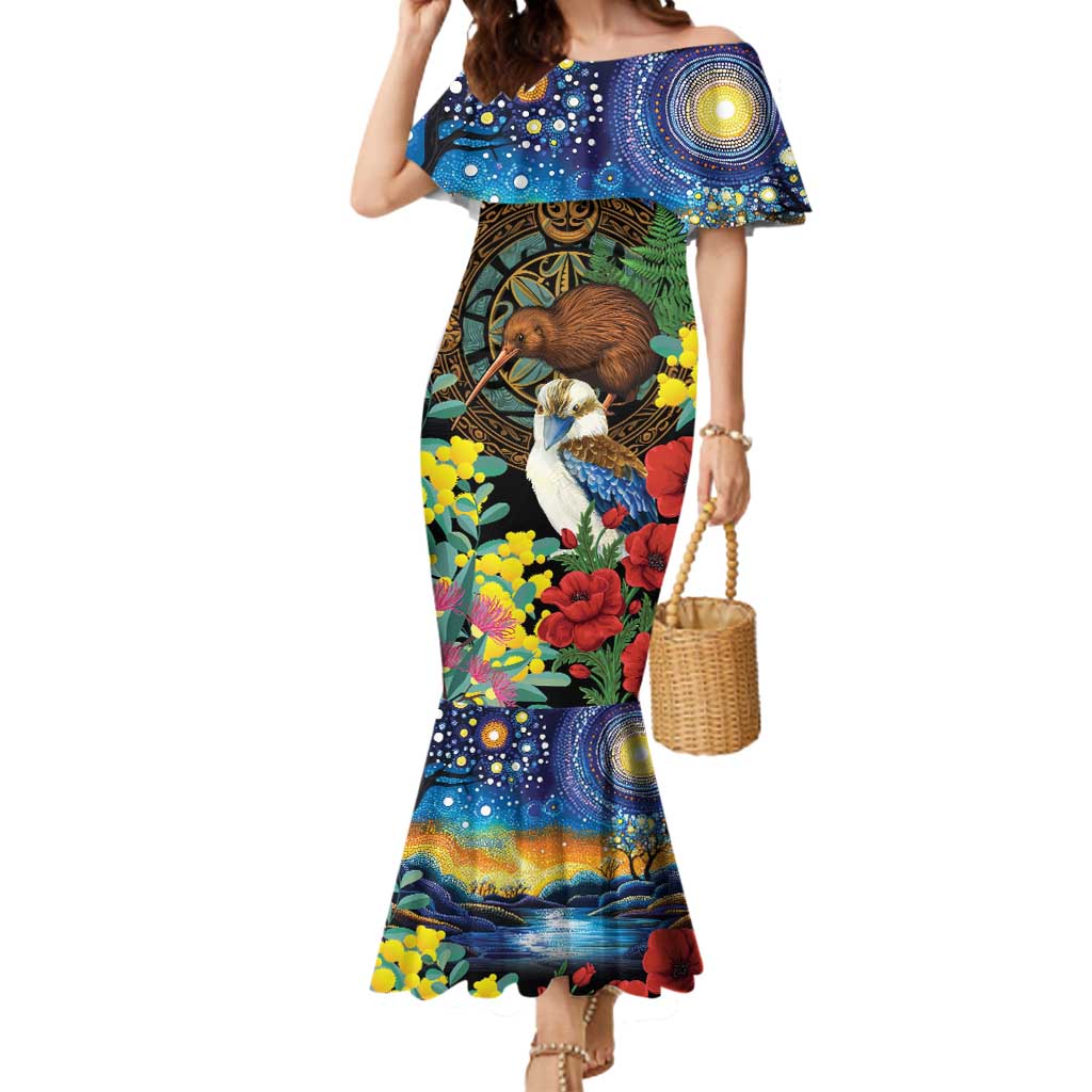 Kiwi-Kookaburra Bird ANZAC Personalised Mermaid Dress Aussie Golden Wattle Poppy Flowers LT9 Women Blue - Polynesian Pride