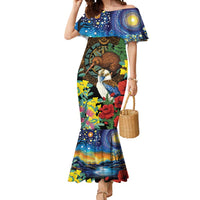 Kiwi-Kookaburra Bird ANZAC Personalised Mermaid Dress Aussie Golden Wattle Poppy Flowers LT9 Women Blue - Polynesian Pride